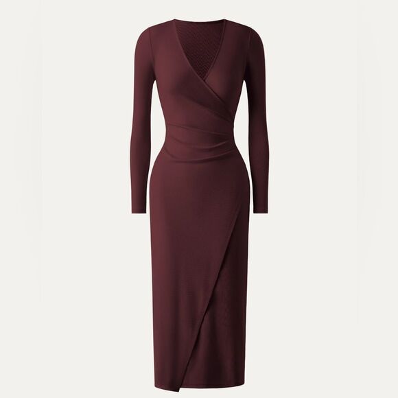 NWT OGL Light Cotton Rib Faux Wrap Light Cotton Midi Dress - Hazelnut Coco - Picture 1 of 10